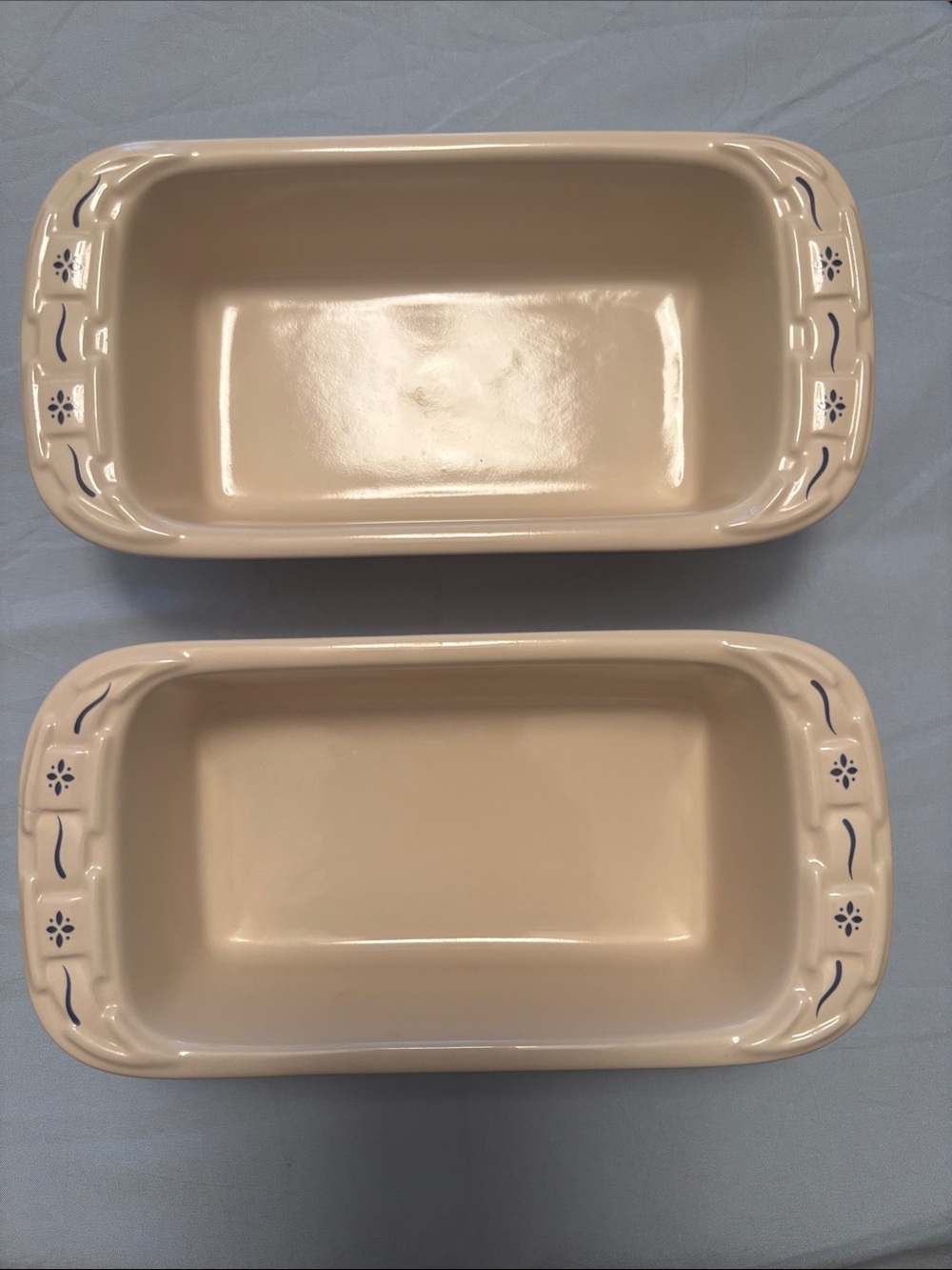 Longaberger Cream Ceramic Baking Dishes with Blue Trim